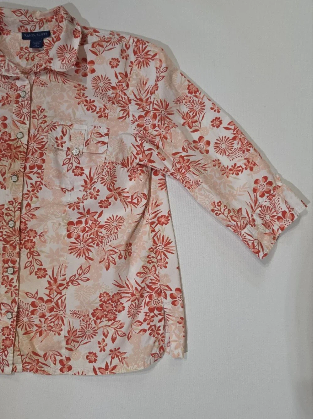 Karen Scott Button Down Shirt Womens Large Cream Pink Orange Floral Resortwear